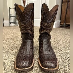Lucchese Men’s Barrel Brown Crocodile Caiman Hornback Square Toe Boots Size 13D